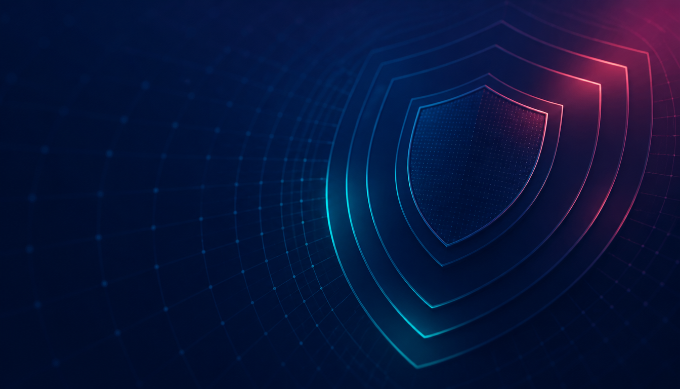 Concentrische glazen schilden in donkerblauw met smaragdgroene glans, Cybersecurity-Regie